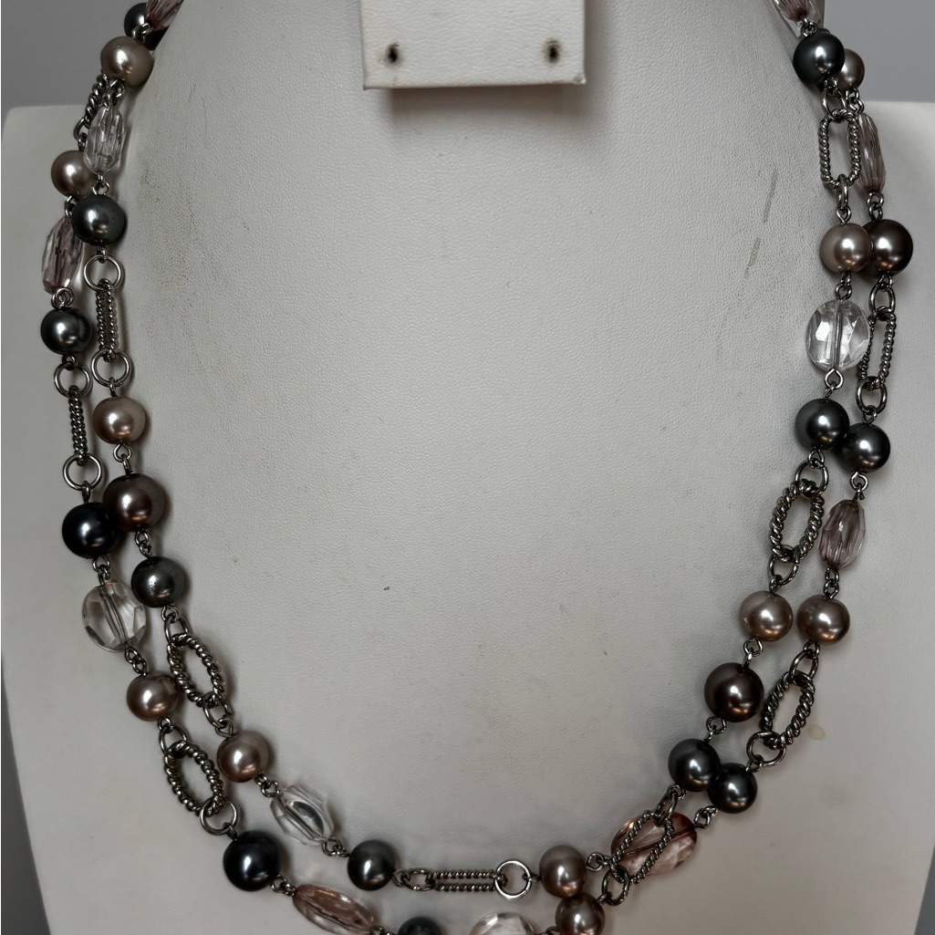 Premiere Designs Necklace/Silver Tone/ Gray And Pink Beads/ Measures 48